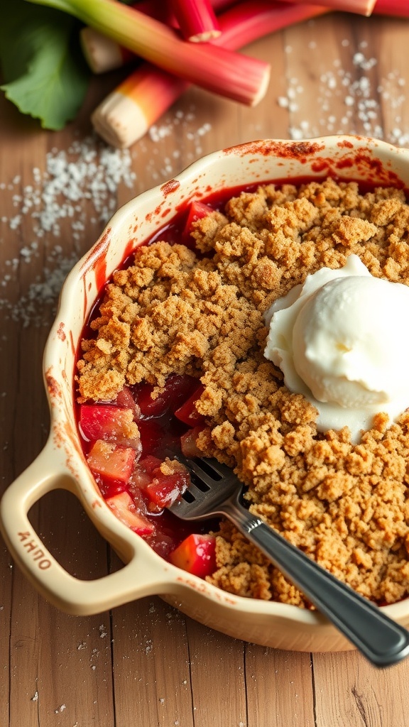 Rhubarb Crumble Recipe A warm rhubarb crumble with golden topping and ice cream on a rustic table.
